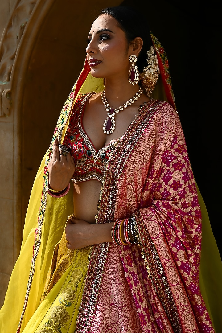 Yellow Banarasi Silk Zardosi Embellished Bridal Bridal Lehenga Set by Ridhi garg at Pernia's Pop Up Shop