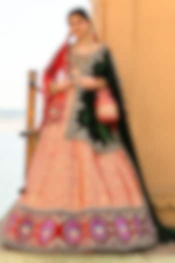 Red Banarasi Resham Hand Embellished Bridal Bridal Lehenga Set by Ridhi garg at Pernia's Pop Up Shop
