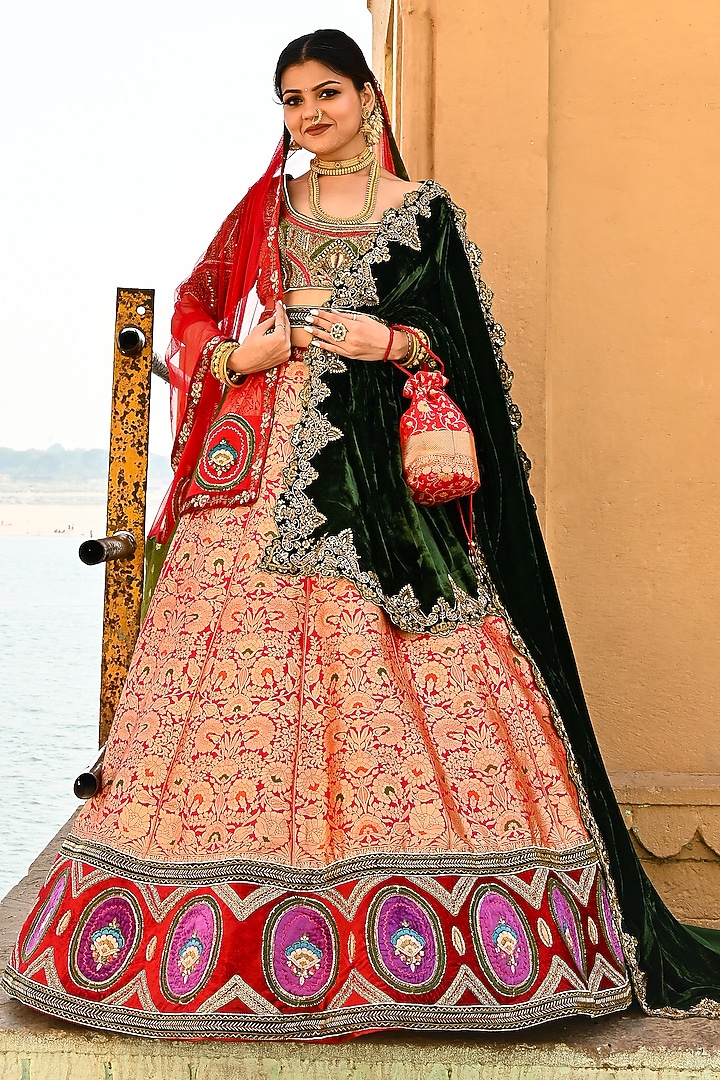 Red Banarasi Resham Hand Embellished Bridal Bridal Lehenga Set by Ridhi garg at Pernia's Pop Up Shop