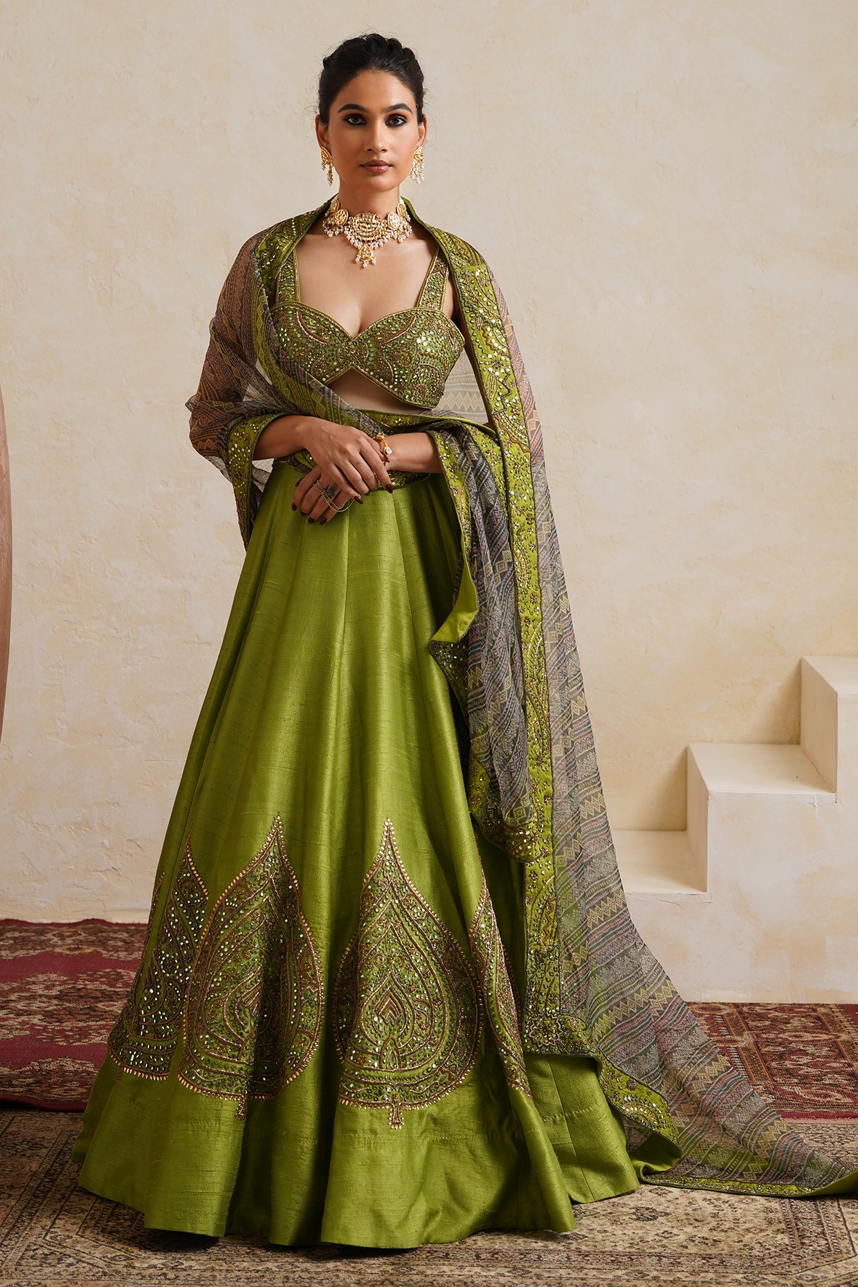 Ridhi garg Parrot Green Raw Silk Mirror Hand Embroidered Bridal Lehenga Set