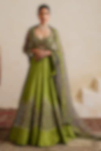 Parrot Green Raw Silk Mirror Hand Embroidered Bridal Bridal Lehenga Set by Ridhi garg at Pernia's Pop Up Shop