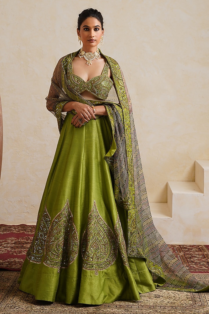 Parrot Green Raw Silk Mirror Hand Embroidered Bridal Bridal Lehenga Set by Ridhi garg at Pernia's Pop Up Shop