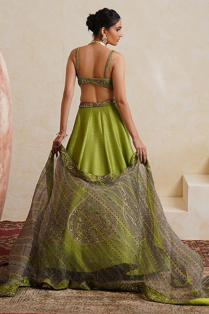 Parrot Green Raw Silk Mirror Hand Embroidered Bridal Bridal Lehenga Set by Ridhi garg at Pernia's Pop Up Shop