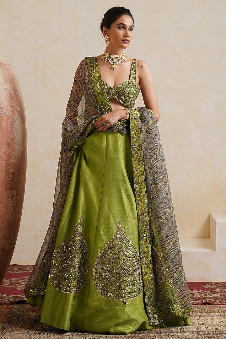 Parrot Green Raw Silk Mirror Hand Embroidered Bridal Bridal Lehenga Set by Ridhi garg at Pernia's Pop Up Shop