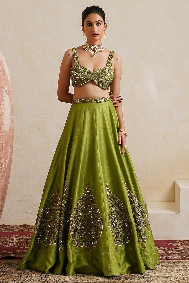 Parrot Green Raw Silk Mirror Hand Embroidered Bridal Bridal Lehenga Set by Ridhi garg at Pernia's Pop Up Shop