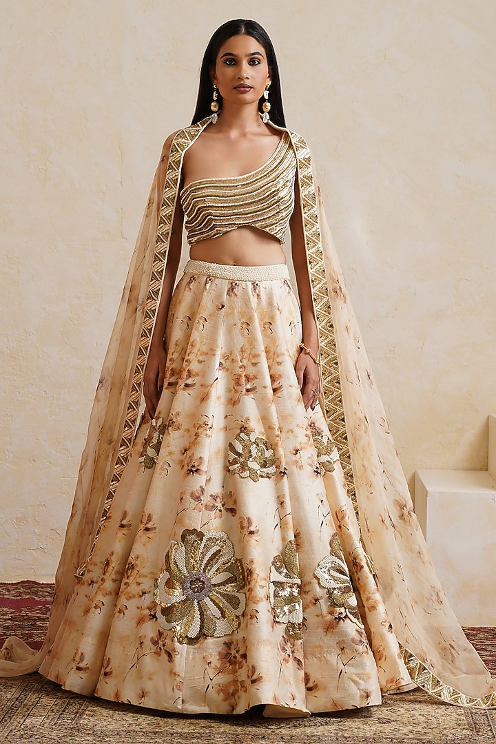 Ivory Raw Silk Floral Printed & Hand Embroidered Bridal Bridal Lehenga Set by Ridhi garg at Pernia's Pop Up Shop