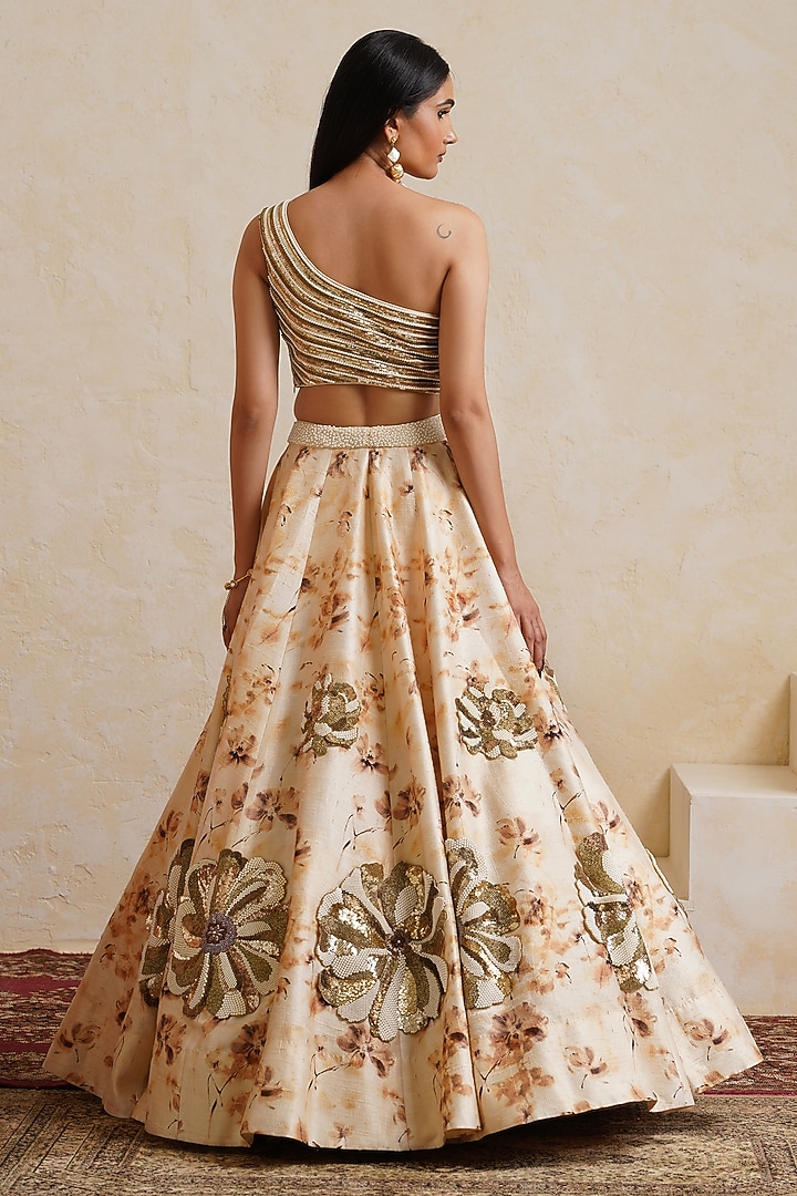 Ivory Raw Silk Floral Printed & Hand Embroidered Bridal Bridal Lehenga Set by Ridhi garg at Pernia's Pop Up Shop