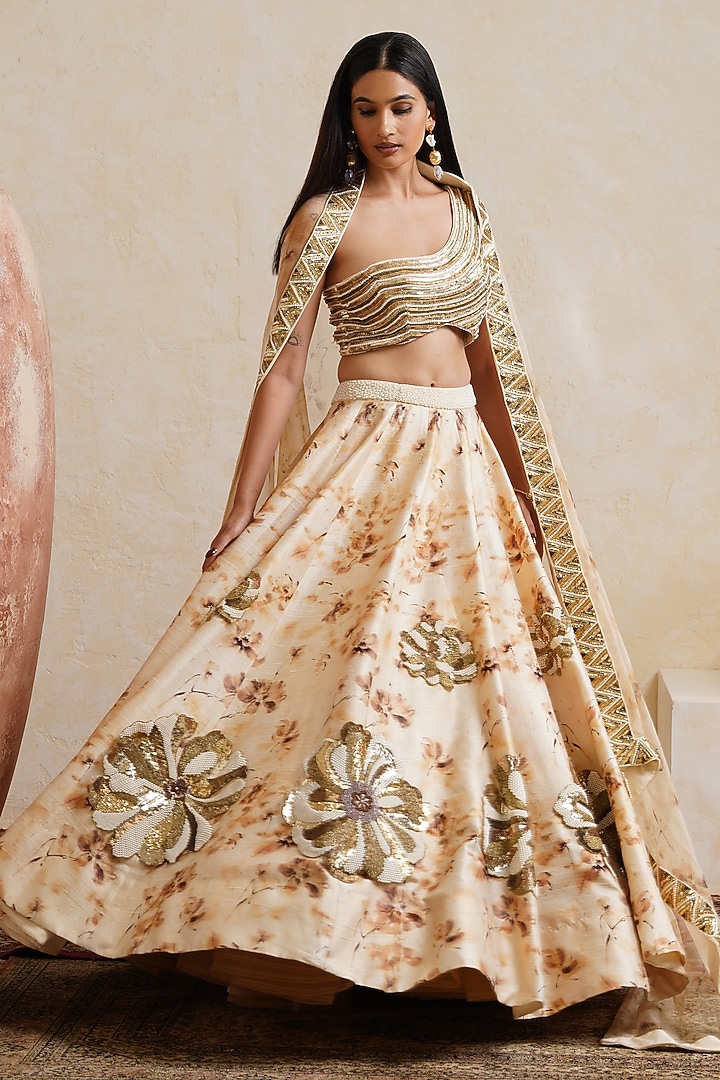 Ivory Raw Silk Floral Printed & Hand Embroidered Bridal Bridal Lehenga Set by Ridhi garg at Pernia's Pop Up Shop