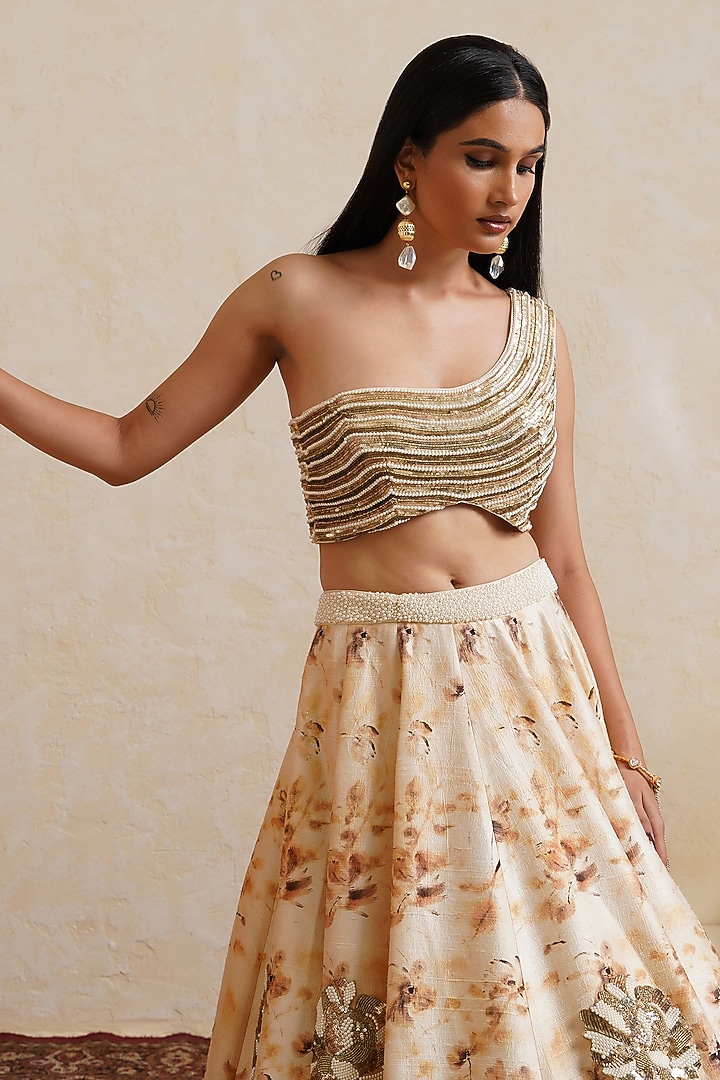 Ivory Raw Silk Floral Printed & Hand Embroidered Bridal Bridal Lehenga Set by Ridhi garg at Pernia's Pop Up Shop