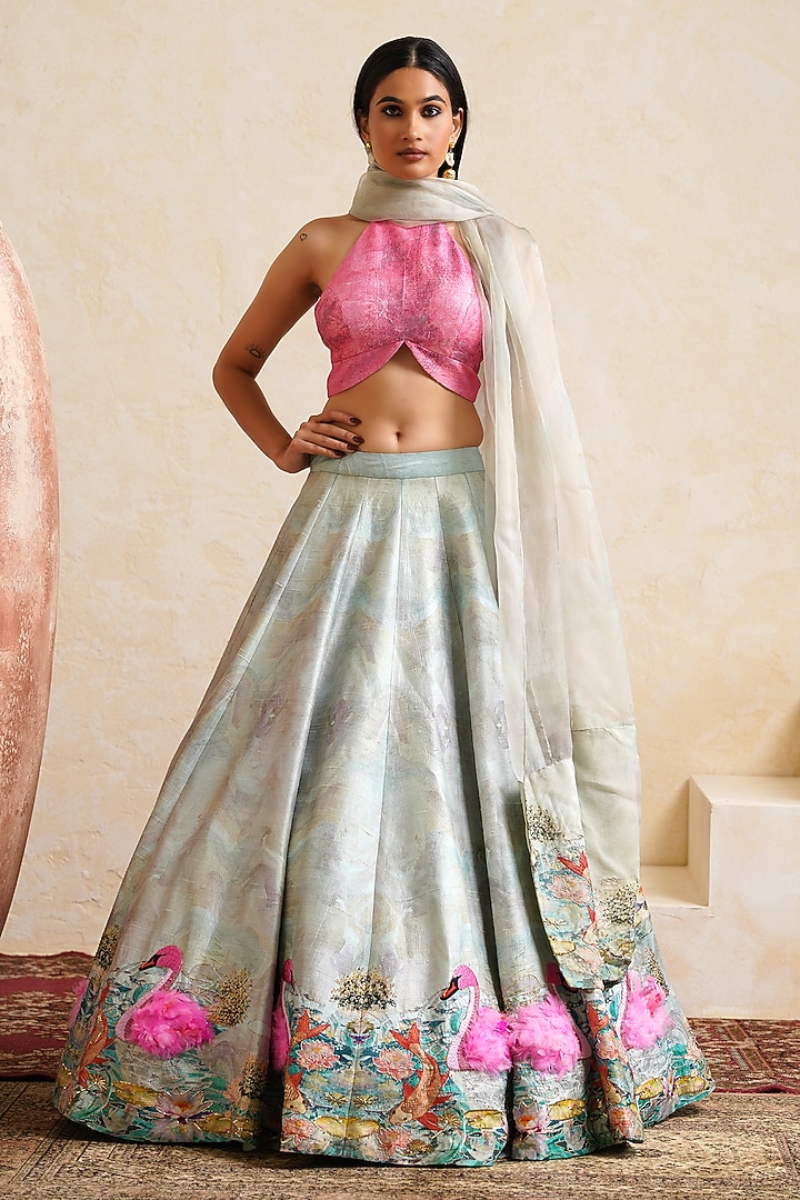 Coral Blue Raw Silk Printed & Embroidered Bridal Bridal Lehenga Set by Ridhi garg at Pernia's Pop Up Shop