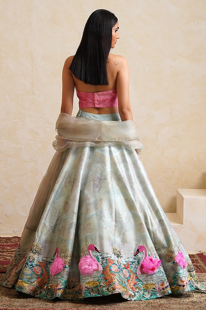 Coral Blue Raw Silk Printed & Embroidered Bridal Bridal Lehenga Set by Ridhi garg at Pernia's Pop Up Shop