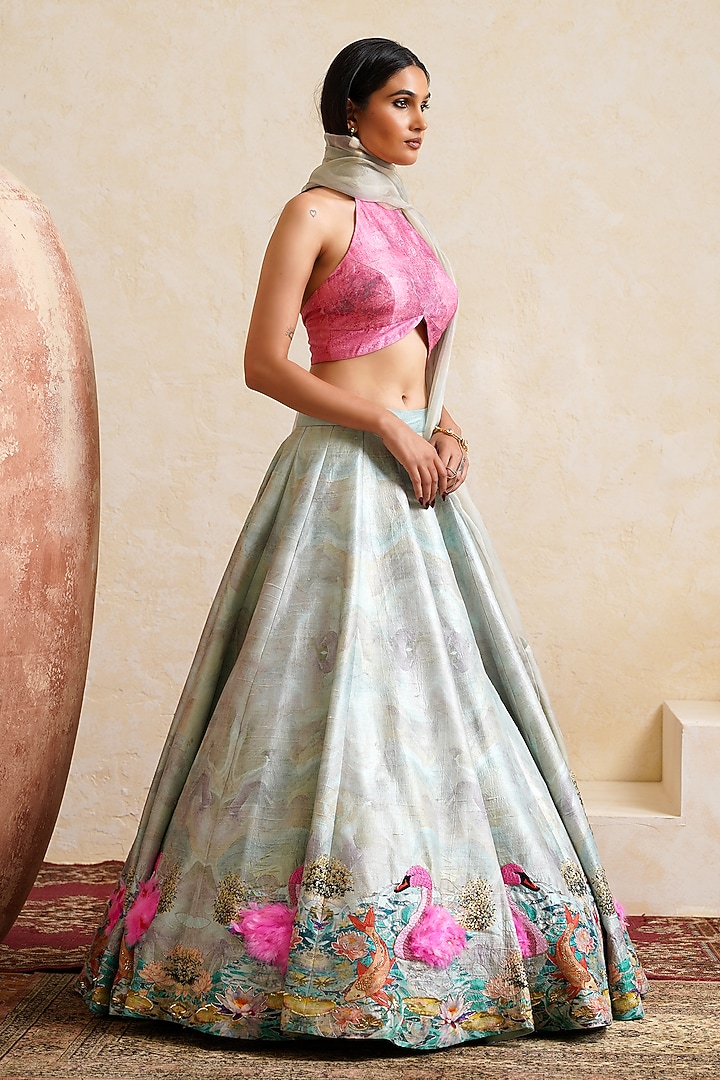 Coral Blue Raw Silk Printed & Embroidered Bridal Bridal Lehenga Set by Ridhi garg at Pernia's Pop Up Shop