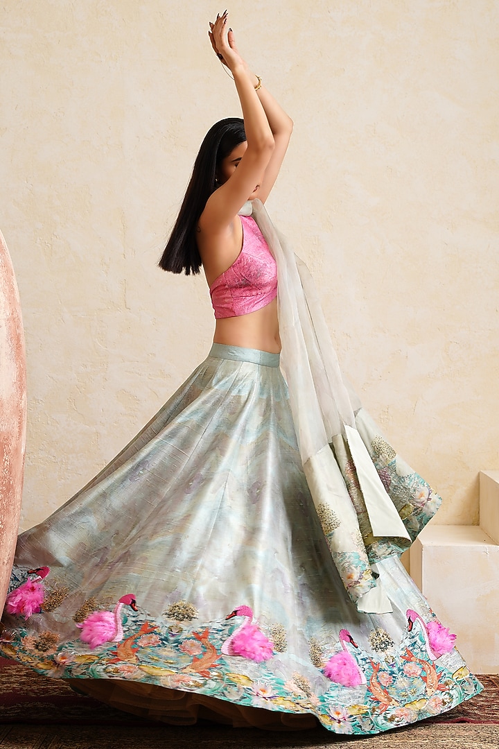 Coral Blue Raw Silk Printed & Embroidered Bridal Bridal Lehenga Set by Ridhi garg at Pernia's Pop Up Shop