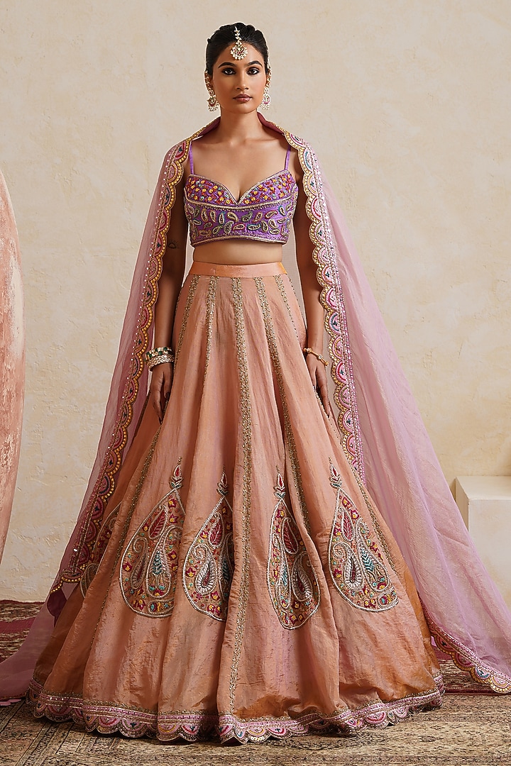 Light Pink Tissue Sequin Embroidered Bridal Bridal Lehenga Set by Ridhi garg at Pernia's Pop Up Shop