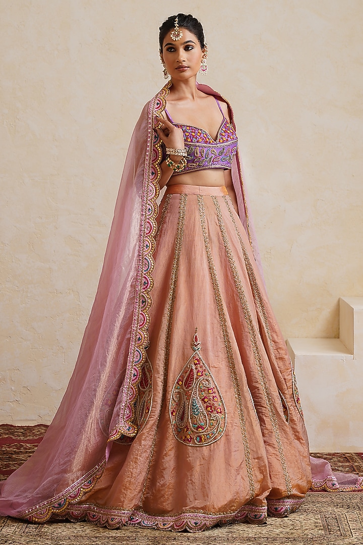 Light Pink Tissue Sequin Embroidered Bridal Bridal Lehenga Set by Ridhi garg at Pernia's Pop Up Shop