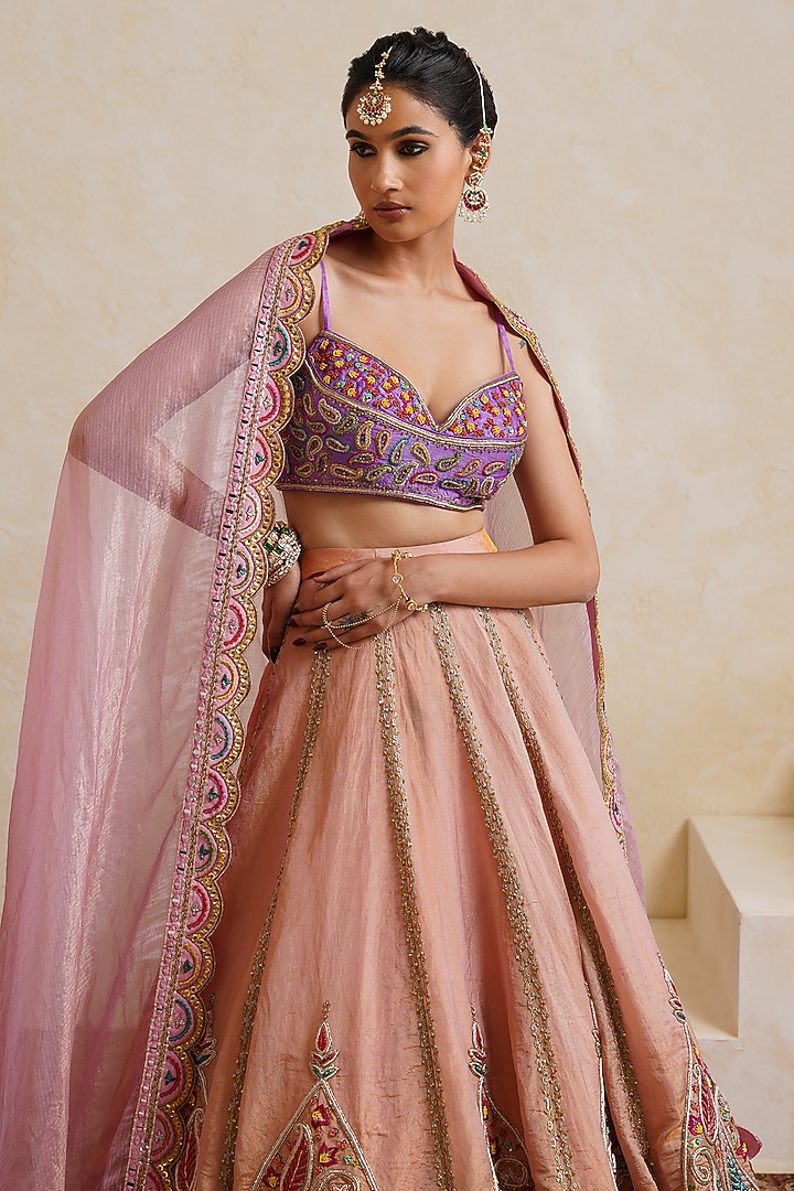 Light Pink Tissue Sequin Embroidered Bridal Bridal Lehenga Set by Ridhi garg at Pernia's Pop Up Shop