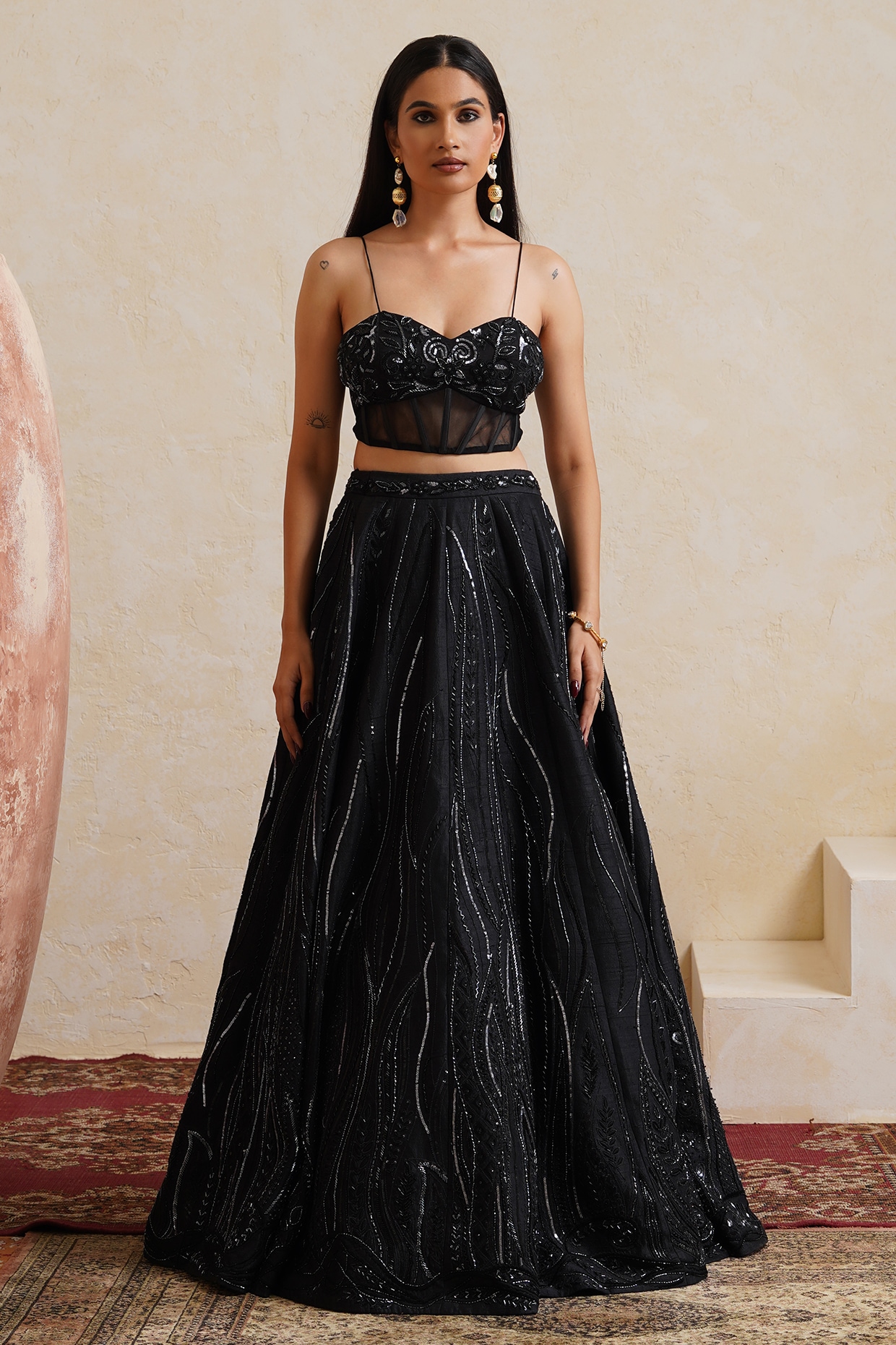 Ridhi garg Black Raw Silk Sequin Embroidered Bridal Lehenga Set