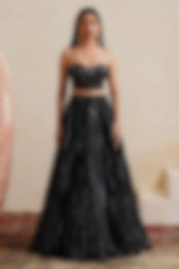 Black Raw Silk Sequin Embroidered Bridal Bridal Lehenga Set by Ridhi garg at Pernia's Pop Up Shop