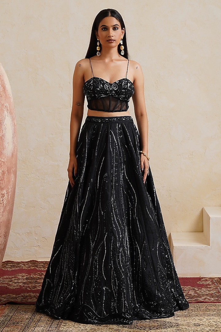 Black Raw Silk Sequin Embroidered Bridal Bridal Lehenga Set by Ridhi garg at Pernia's Pop Up Shop