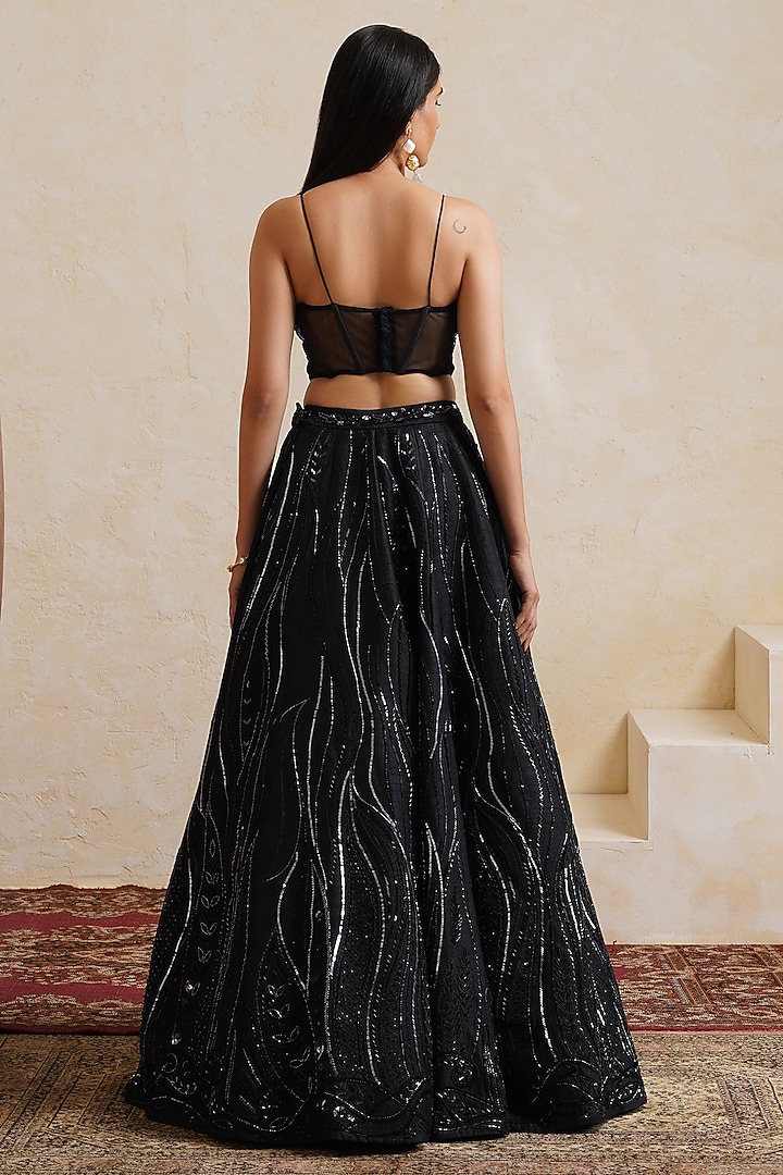 Black Raw Silk Sequin Embroidered Bridal Bridal Lehenga Set by Ridhi garg at Pernia's Pop Up Shop