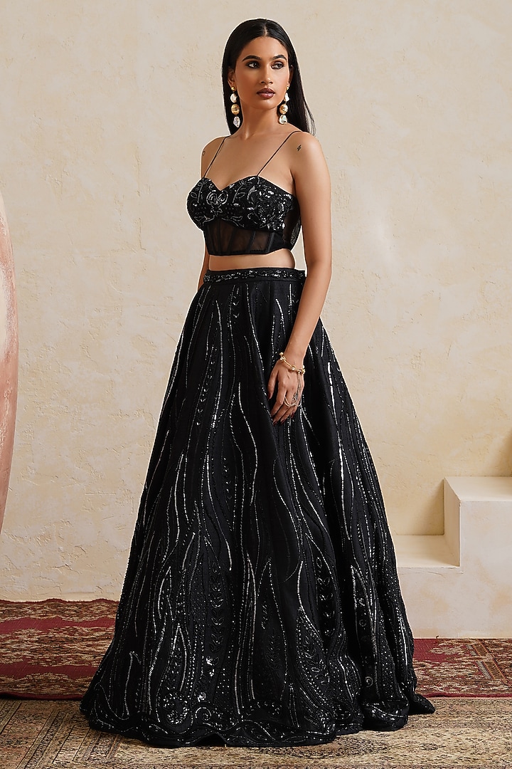 Black Raw Silk Sequin Embroidered Bridal Bridal Lehenga Set by Ridhi garg at Pernia's Pop Up Shop