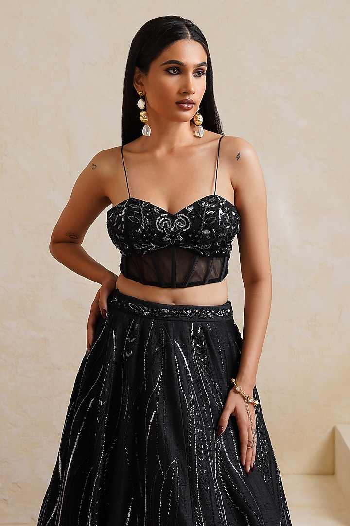 Black Raw Silk Sequin Embroidered Bridal Bridal Lehenga Set by Ridhi garg at Pernia's Pop Up Shop