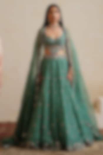 Teal Green Organza Mirror Embroidered Bridal Bridal Lehenga Set by Ridhi garg at Pernia's Pop Up Shop