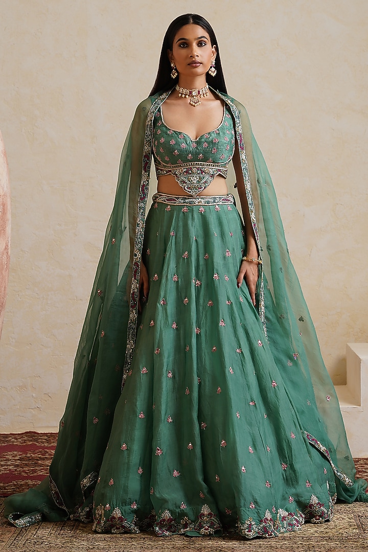 Teal Green Organza Mirror Embroidered Bridal Bridal Lehenga Set by Ridhi garg at Pernia's Pop Up Shop