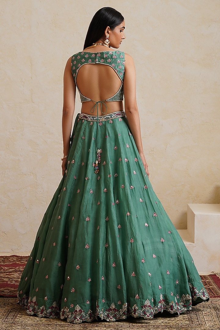 Teal Green Organza Mirror Embroidered Bridal Bridal Lehenga Set by Ridhi garg at Pernia's Pop Up Shop