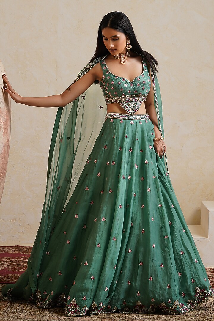 Teal Green Organza Mirror Embroidered Bridal Bridal Lehenga Set by Ridhi garg at Pernia's Pop Up Shop