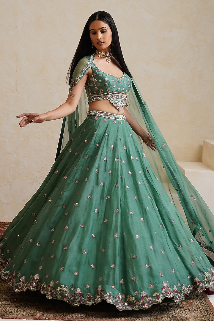 Teal Green Organza Mirror Embroidered Bridal Bridal Lehenga Set by Ridhi garg at Pernia's Pop Up Shop