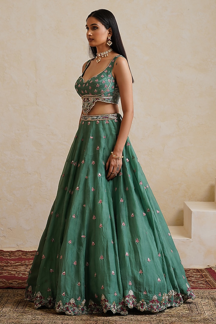 Teal Green Organza Mirror Embroidered Bridal Bridal Lehenga Set by Ridhi garg at Pernia's Pop Up Shop