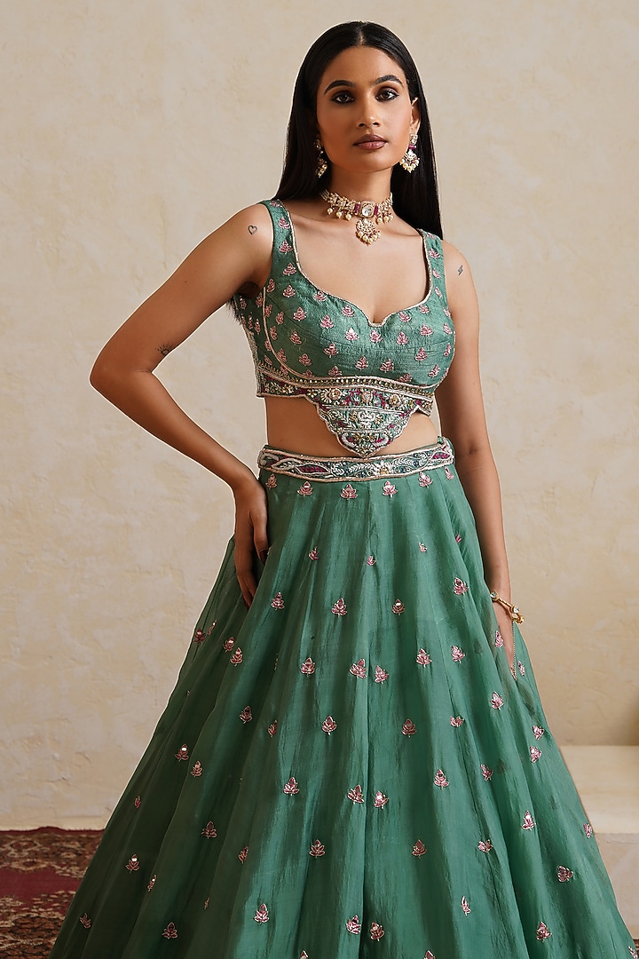 Teal Green Organza Mirror Embroidered Bridal Bridal Lehenga Set by Ridhi garg at Pernia's Pop Up Shop