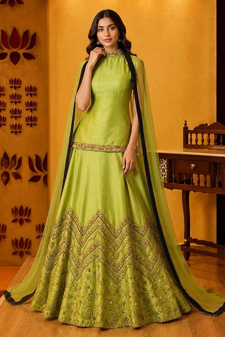 Mint Green Raw Silk Sequin Embroidered Bridal Bridal Lehenga Set by Ridhi garg at Pernia's Pop Up Shop