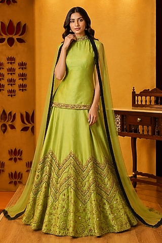 Mint Green Raw Silk Sequin Embroidered Bridal Lehenga Set by Ridhi garg