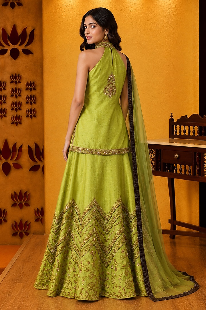 Mint Green Raw Silk Sequin Embroidered Bridal Bridal Lehenga Set by Ridhi garg at Pernia's Pop Up Shop