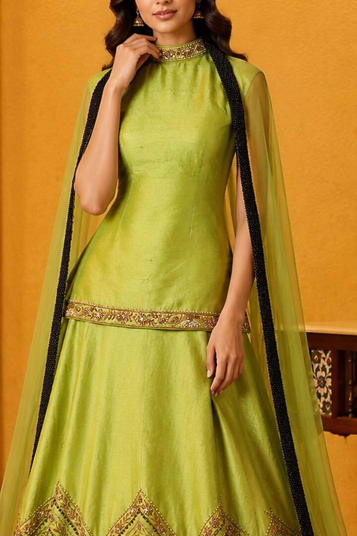 Mint Green Raw Silk Sequin Embroidered Bridal Bridal Lehenga Set by Ridhi garg at Pernia's Pop Up Shop