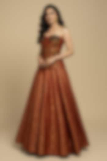 Rust Red Silk Brocade Skirt Set by Ridhi garg at Pernia's Pop Up Shop