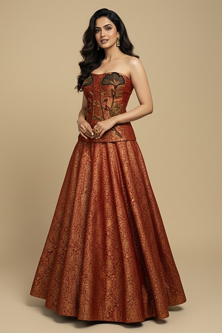 Rust Red Silk Brocade Skirt Set by Ridhi garg at Pernia's Pop Up Shop