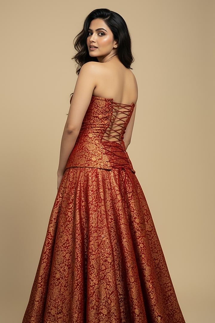 Rust Red Silk Brocade Skirt Set by Ridhi garg at Pernia's Pop Up Shop