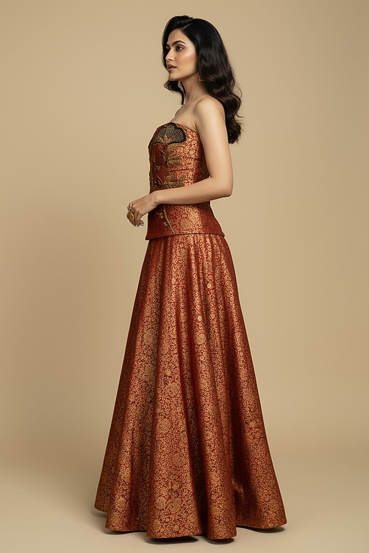 Rust Red Silk Brocade Skirt Set by Ridhi garg at Pernia's Pop Up Shop