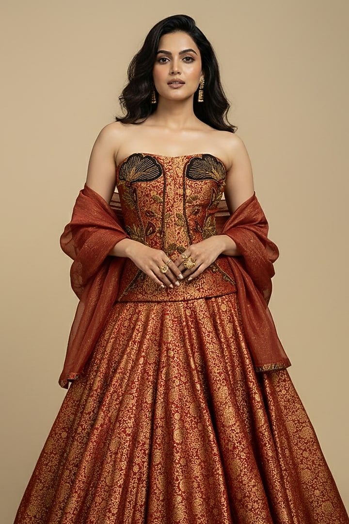 Rust Red Silk Brocade Skirt Set by Ridhi garg at Pernia's Pop Up Shop
