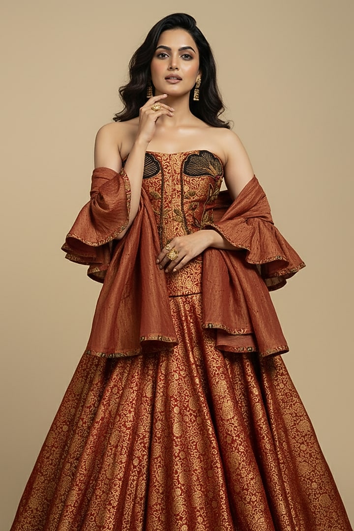 Rust Red Silk Brocade Skirt Set by Ridhi garg at Pernia's Pop Up Shop
