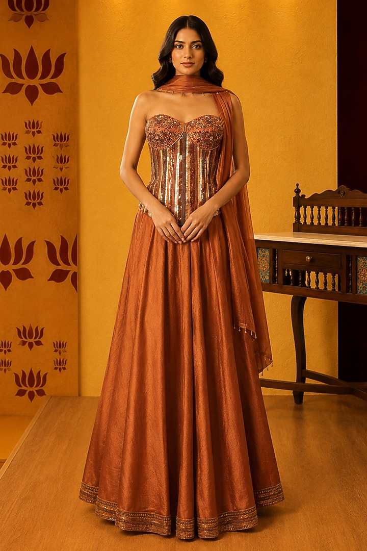 Brown Dupion Silk Skirt Set by Ridhi garg at Pernia's Pop Up Shop