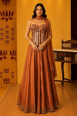 Brown Dupion Silk Skirt Set by Ridhi garg