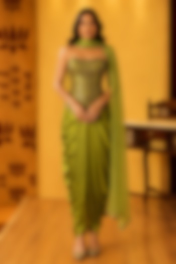 Parrot Green Satin Silk Dhoti Skirt Set by Ridhi garg at Pernia's Pop Up Shop