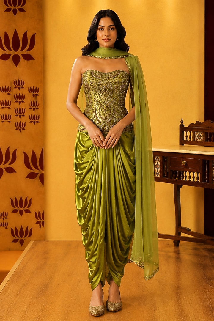 Parrot Green Satin Silk Dhoti Skirt Set by Ridhi garg at Pernia's Pop Up Shop