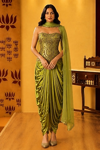 Parrot Green Satin Silk Dhoti Skirt Set by Ridhi garg