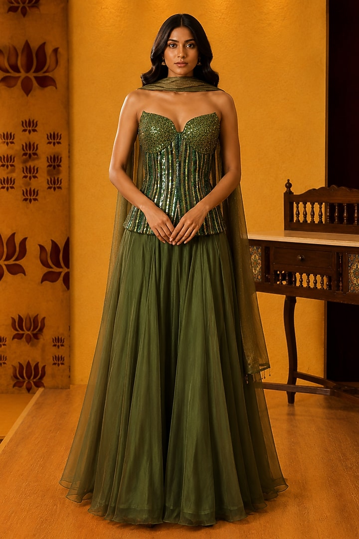 Dark Green Chiffon Flared Skirt Set by Ridhi garg at Pernia's Pop Up Shop