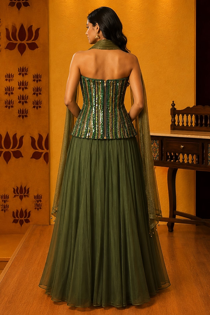 Dark Green Chiffon Flared Skirt Set by Ridhi garg at Pernia's Pop Up Shop